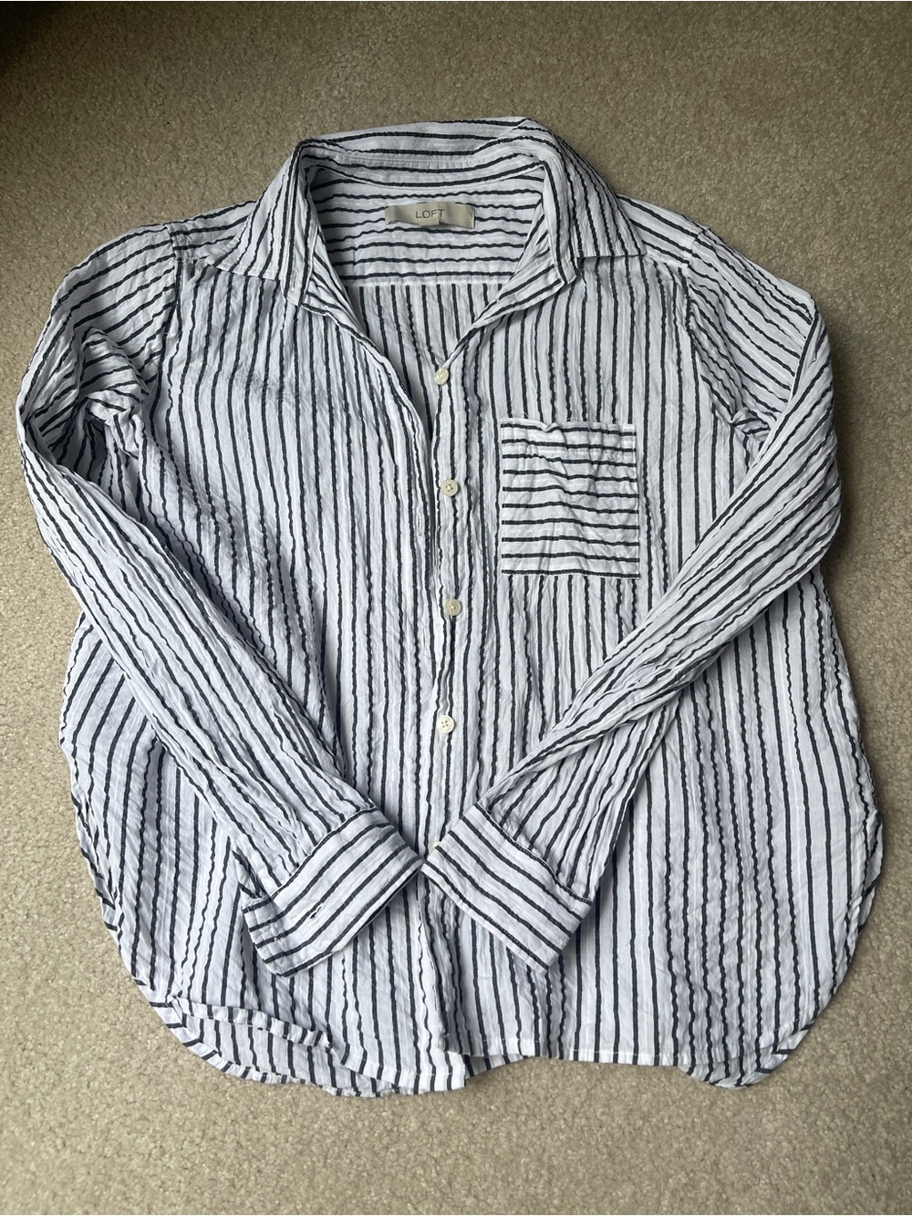 LOFT White and Dark Blue Striped Button-Down Shirt